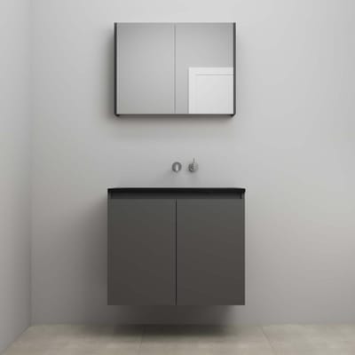 On-Line Badkamermeubelset - 80 cm - Bouwpakket - Greeploze Ladestructuur - Acryl Wastafel - zonder Kraangat - Spiegelkast - Mat Antraciet