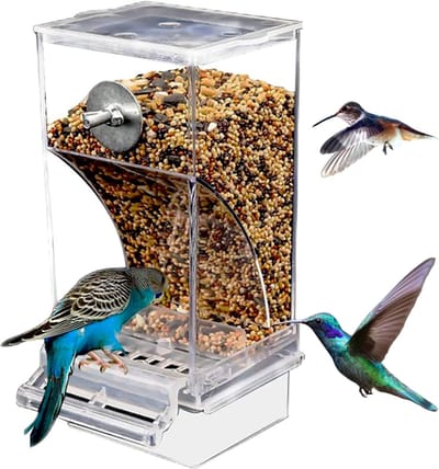 YAGXIG Voederhuisje - Spatwaterdichte voederhuisje met opening aan de onderkant - Vogelkooi-accessoire - Transparante voederhuisje van acryl - Geschikt voor papegaaien en kanaries - 18,5 x 8,5 x 7,5 cm