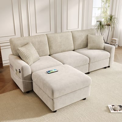 MODFU - Sofa Met Voetenbank - USB-C En USB-Aansluiting - Modern - Voor Woonkamer - Chenille En Ribstof - Beige - 223 X 146 X 84 Cm