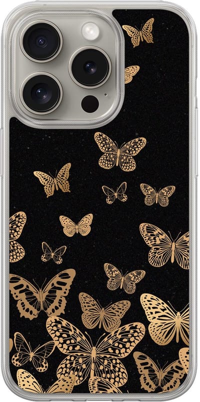 Hoesje geschikt voor iPhone 15 Pro Max - Vlinders - 2in1 backcover - Print / Illustratie - Zwart, Goud - Leuke Telefoonhoesjes