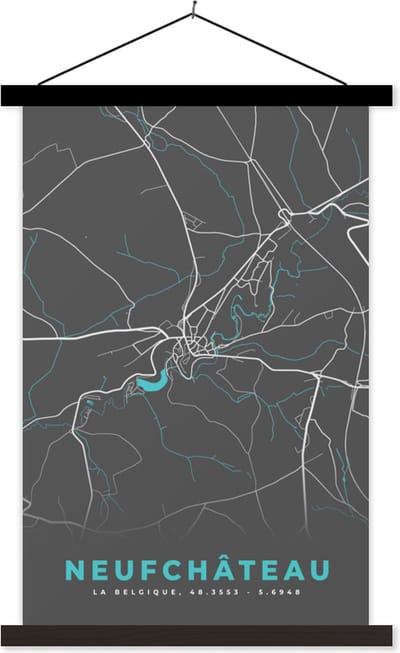 Posterhanger incl. Poster 40x60 cm - Schoolplaat - Stadskaart – Grijs - Kaart – Neufchâteau – België – Plattegrond - Textielposter - Zwarte latten - Stadskaart