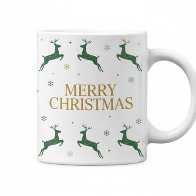 Merry Christmas Mok 330ml – Witte Kerst Koffiemok met Groene Rendieren – Feestelijk Cadeau voor Kerstliefhebbers