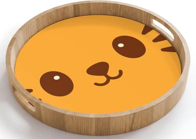 Dienblad rond 40x40 cm - Schootdienblad hout - Kat - Simplistisch - Oranje - Vrolijk - Borrelplank rechthoek - Plateau houten dienbladen