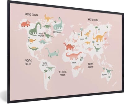 Wereldkaart - Kinderen - Dinosaurus - Schoolplaat - Kinderkamer - 60x40 cm