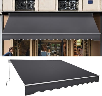 Froadp 360x300cm schommelarmzonwering Zonwering van aluminium en polyester Zonwering Balkonzonwering Zonwering Waterdicht Zichtbescherming Zonnescherm Anti-UV met handslinger voor terras Balkon Donkergrijs