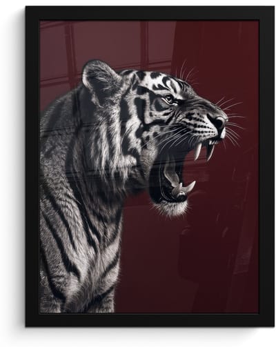 Poster in lijst - Fotolijst 30x40 cm - Posters - Tijger - Brult - Bordeaux - Posterlijst zwart - Decoratie - Wanddecoratie woonkamer - Muurdecoratie slaapkamer