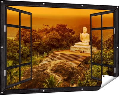Gards Tuinposter Doorkijk Boeddha Beeld bij een Tempel in het Bos - 150x100 cm - Tuindoek - Tuindecoratie - Wanddecoratie buiten - Tuinschilderij