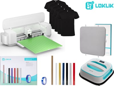 Loklik iCraft™ – Voordeel Textiel Bedrukkings Pakket – Daisy White – LOKLiK Easy Heat Press Loklik Blue - Heat Press Mat 38.1 x 38.1 cm - 3 x Teflon Sheets - Heat-resistant Tape – 6 vellen Flexfolie Mix – 5 Zwarte Roly Dogo Beagle T-shirts mix Size.