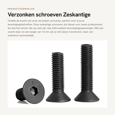 Dailygoods- Verzonken Schroeven 20 Stuks - Zeskantige Bevestigingsschroeven - Platte Kop - M4 x 12 mm - Diameter Draad M4 - Kleur Zwart