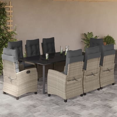 vidaXL - 9-delige - Tuinset - met - kussens - poly - rattan - lichtgrijs