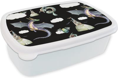 Broodtrommel Wit - Lunchbox - Brooddoos - Jongens - Patronen - Draak - Kasteel - 18x12x6 cm - Volwassenen
