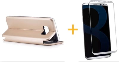 Hoesje geschikt voor Samsung Galaxy S8 - Kunstlederen Wallet Case Goud + Screenprotector Zilver (3D) - Portemonnee Hoesje met Magneet sluiting - Book Case - Flip Cover - Klap - 360 beschermend Telefoonhoesje (Gold)