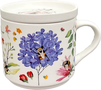 Beker/Mok & Onderzetter Deksel Set - Nectar Meadows - Veldbloemen & Bijen - Porselein - 300ml