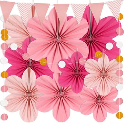 Papieren bloemen set 9 stuks - papieren fans - met vlaggen en accessoires - perfecte verjaardagdecoratie voor meisjes - ShopVlot