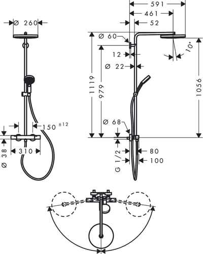 Hansgrohe Pulsify S Puro Puro1jet - showerpipe - ecosmart - 260 - thermostatisch - 3jet - handdouche en doucheslang - 160cm - thermostaat - chroom (zwart)