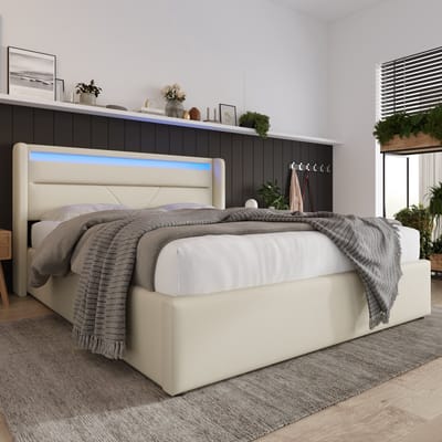 DESMIU Gestoffeerd Bed 160x200 cm – LED Hoofdbord Met Afstandsbediening – Hydraulische Opbergruimte – Tweepersoonsbed – PU Leder – Wit – Met Matras