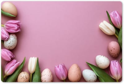 Placemats 45x30 cm - Placemat kunststof - 1 stuk - Tulpen - Eieren - Roze - Borden onderleggers - Decoratie voor op tafel - Keuken tafeldecoratie accessoires - Vinyl onderlegger - Tafelversiering