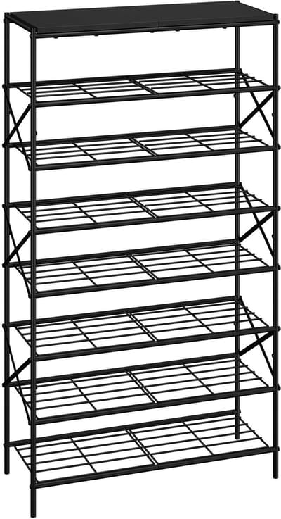 Schoenenrek met 8 niveaus en plank, schoenenopbergorganizer met grote capaciteit voor 32 paar schoenen, voor entree, hal, kast, garage, zwart TXJ018
