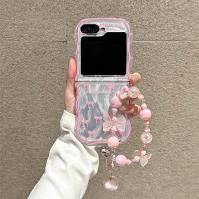 Koreaanse Leuke Strik Golvende Telefoonhoes Voor Samsung Galaxy Z Flip 6 5 4 3 Hoes met Ketting Siliconen Lieve Hoesjes Flip6 Flip5 Funda Galaxy Z Flip5
