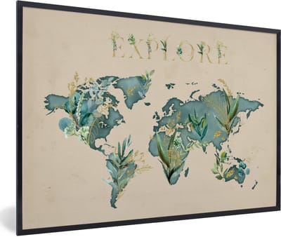 Poster in lijst - Fotolijst 90x60 cm - Posters - Wereldkaart - Explore - Goud - Posterlijst zwart - Decoratie - Wanddecoratie woonkamer - Muurdecoratie slaapkamer