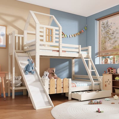 MODFU Etagenbed 90x200 & 140x200 cm – Met glijbaan, ladder en lade – Wit/naturel – Huisjesdesign – EN747