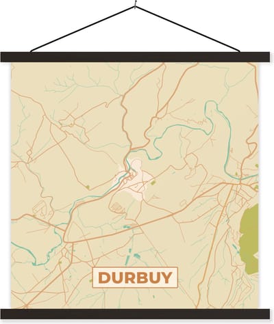 Posterhanger incl. Poster 60x60 cm - Schoolplaat - Vintage - Kaart - Durbuy - Plattegrond - Stadskaart - Textielposter - Zwarte latten - Stadskaart