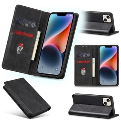 Zwart kunstleer wallet case telefoon hoesje geschikt voor iPhone 14 Plus dames en heren met magneetsluiting en flip cover