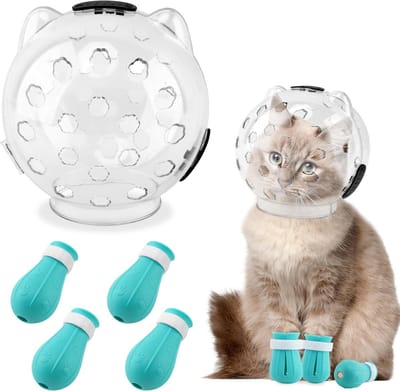 Transparante kattenhelm - Met 4 siliconen klauwhoezen - Verstelbaar & ademend - Anti-bijt - M