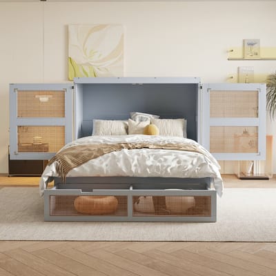 VVBV Opklapbed 140x200 cm - Opbergruimte, Lades, App-bediening, Lattenbodem, Voor Kinderen/Tieners - Hout/Rotanlook Grijs