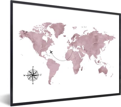 Poster in lijst - Fotolijst 80x60 cm - Posters - Wereldkaart - Roze - Vliegtuig - Posterlijst zwart - Decoratie - Wanddecoratie woonkamer - Muurdecoratie slaapkamer
