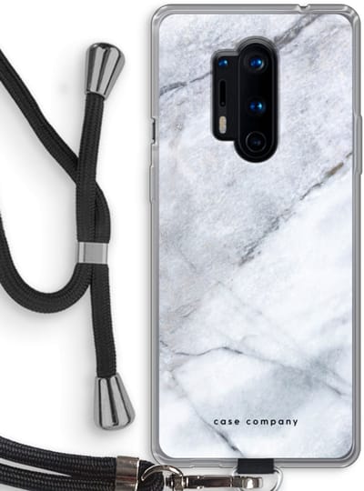 Case Company® - Hoesje met koord geschikt voor OnePlus 8 Pro hoesje met Koord - Witte marmer - Telefoonhoesje met Zwart Koord - Bescherming aan alle Kanten en Over de Schermrand