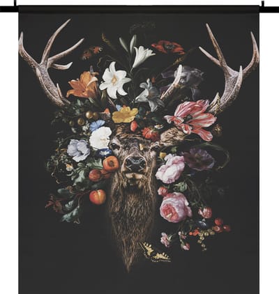 Velvet Wandkleed - Wanddoek - Stil leven bloemen met Hert - 120 x 160 cm