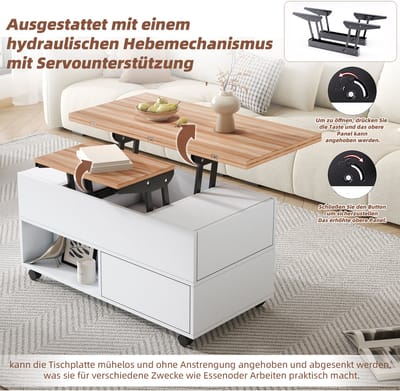 Salontafel Met 4 Laden En Wielen In Hoogte Verstelbaar Uitschuifbaar Wit En Houtkleur - 100 Cm