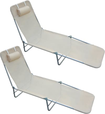 Set van 2 opvouwbare ligstoelen met in 4 standen verstelbare rugleuning, metaal en gaas, beige