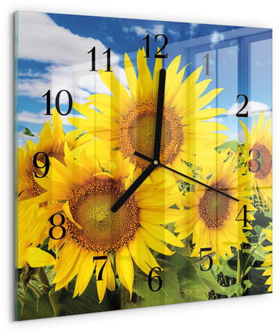 Tulup Wandklok - Zonnebloemen Klok Glas Met Opdruk - 30x30 cm - Geel Moderne Wandklok Glas - Zwarte Handen - Vierkante Wandklok - Decoratieve Glazen Klok - Glazen Wandklok Design