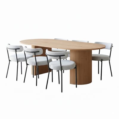 Kyoto eethoek eettafel 100x210cm natuur, 6 stoelen bouclé wit.