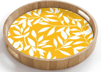 Dienblad rond 40x40 cm - Schootdienblad hout - Bladeren - Takken - Geel - Borrelplank rechthoek - Plateau houten dienbladen