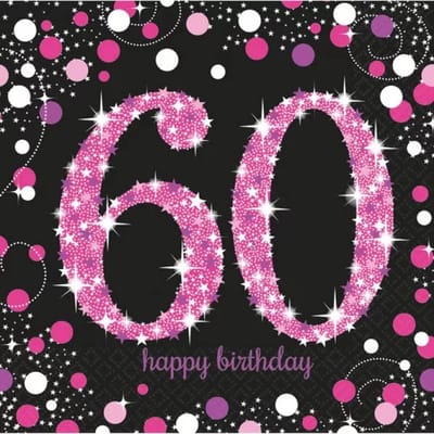 32 Servetten - Sparkling Celebrations - Happy Birthday - Pink 60 - Sterren - Dots - Zwart - Roze - Wit - Paars - 33 x 33 cm - 2-Laags - Amscan