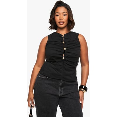 boohoo Dames Plus V-hals Gouden Knop Top | Zwart | Maat: 52