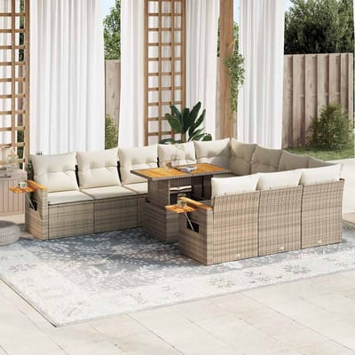 vidaXL - 11-delige - Tuinset - met - kussens - poly - rattan - acacia - beige