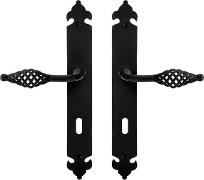 Deurkruk op schild - Smeedijzer zwart - Gietijzer - GPF - GPF6265.60 smeedijzer zwarte Deurklink Tane op BB72, 291x41x4mm
