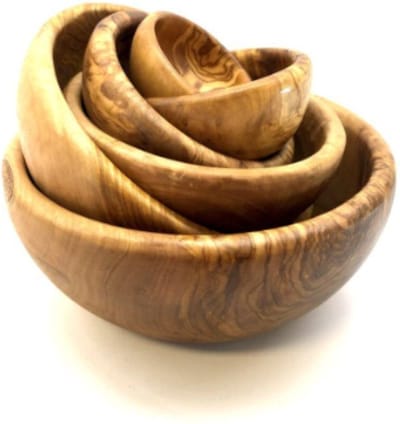 D.O.M. Luxe Olijfhouten Schalen Set – 6-delige Ronde Serveer Schalen Handgemaakt en Duurzaam