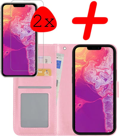 Hoesje Met 2x Screenprotector - Geschikt voor Apple iPhone 14 - Luxe Pasjeshouder - Bookcase Portemonee - Flip Case - Kunstleer Book Case - Flipcase Hoes - Book Cover - Walletcase - Portemonneehoes - Lichtroze