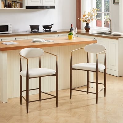 MODFU - Set Van 2 Barkrukken Met Armleuningen - Vintage - Franse Landhuisstijl - Stof - Beige