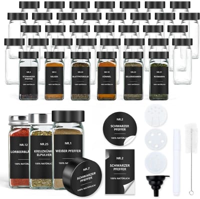 Famanu - Kruidenpotjes, vierkant, met etiketten, set van 36 stuks, kleine kruidenpotjes, glas, 120 ml, met strooiinzetstuk, waterdichte etiketten, bewaren van kruidenopslag voor de keuken, lade