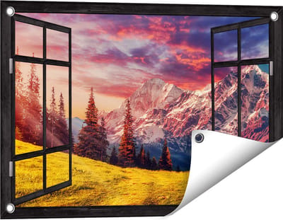 Gards Tuinposter Doorkijk Alpen Landschap met een Kleurrijke Hemel - 60x40 cm - Tuindoek - Tuindecoratie - Wanddecoratie buiten - Tuinschilderij