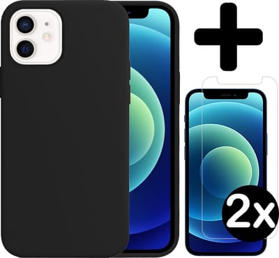 Hoesje - Met 2x Screenprotector - Geschikt voor Apple iPhone 12 - Sterk & Shockproof - Telefoon Hoes - Back Cover - Siliconen Case - Telefoonhoes - Zwart