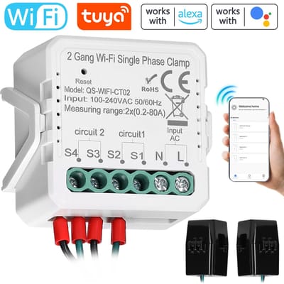 Tuya WiFi 2 Gang 80A Enkele Fase Klem Zonne-PV Bidirectionele Tweerichtings Energiemeter Mobiele Telefoon APP 2 Gang Single Phase Clamp veelkleurig