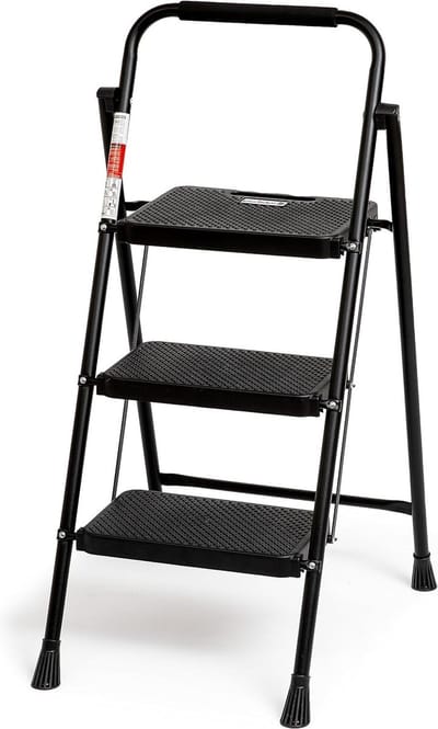Opvouwbare 3-traps ladder met antislip - Breed pedaal en handvat - Stabiele stalen ladder - Draagbare trapladder - Zwart Ladder