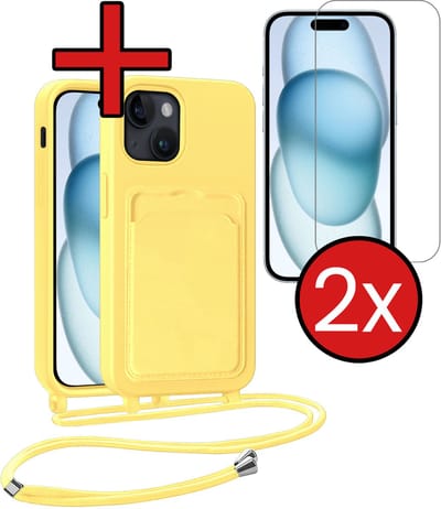 Hoesje Geschikt voor iPhone 15 Plus Hoesje Met Telefoonkoord en Pasjeshouder Met 2x Screenprotector Siliconen - Hoes Geschikt voor iPhone 15 Plus Hoesje Met Kaarthouder Case - Geel